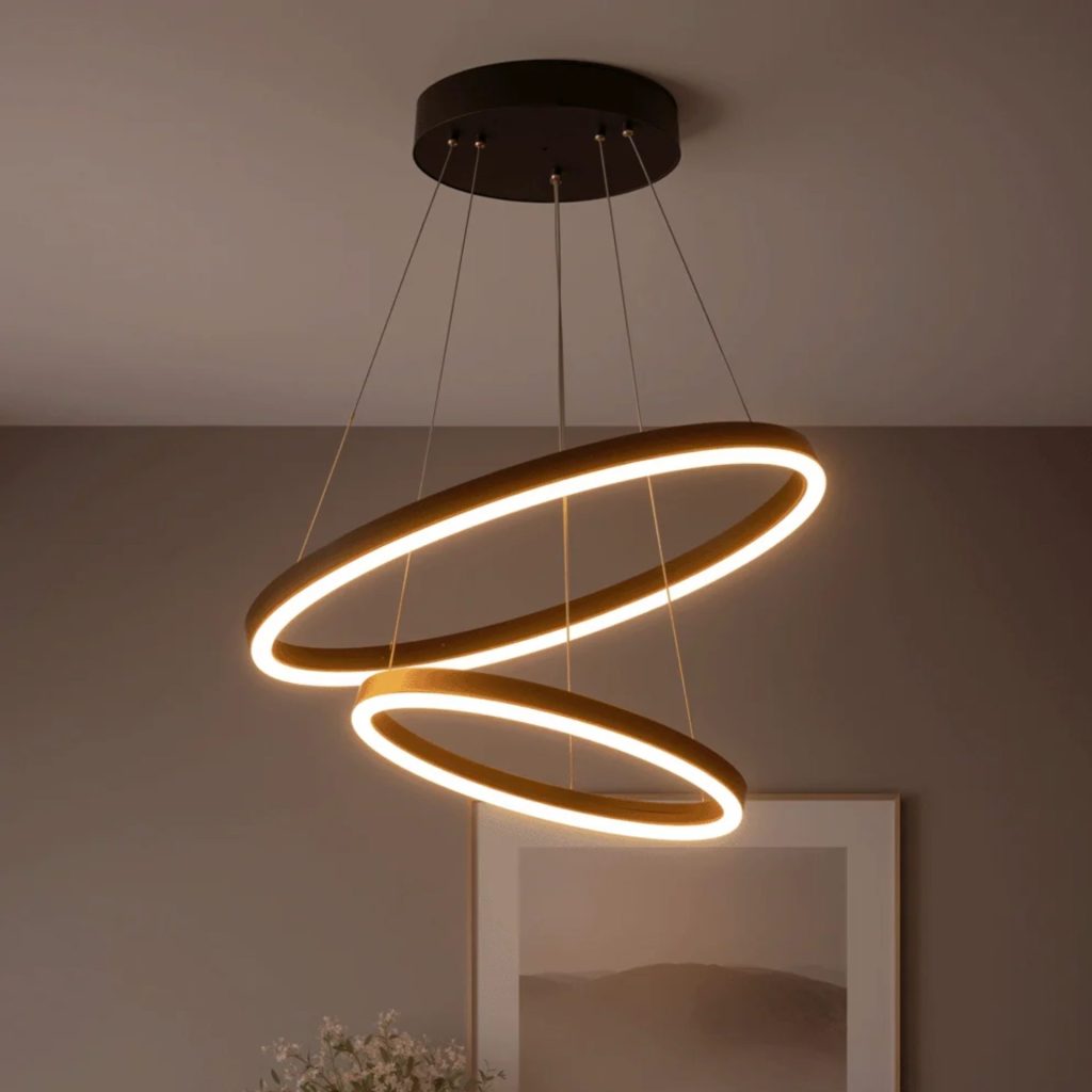 Lustra LED suspendata cu Telecomanda CASIANA 40W, 2 Cercuri, Lumina Rece/Calda/Neutra 3000K/4000K/6000K, Dimabila, Negru, Inaltime Reglabila, Metal si Acril