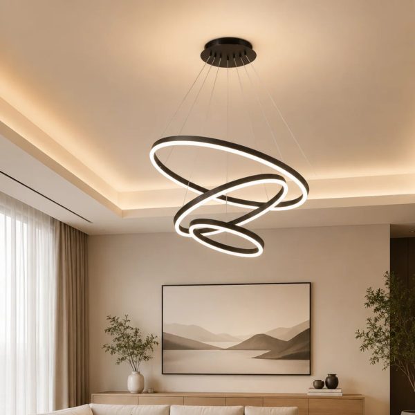 Lustra LED suspendata cu telecomanda CASIANA 85W, 3 Cercuri, lumina Rece/Calda/Neutra, Dimabila, Negru, Inaltime Reglabila