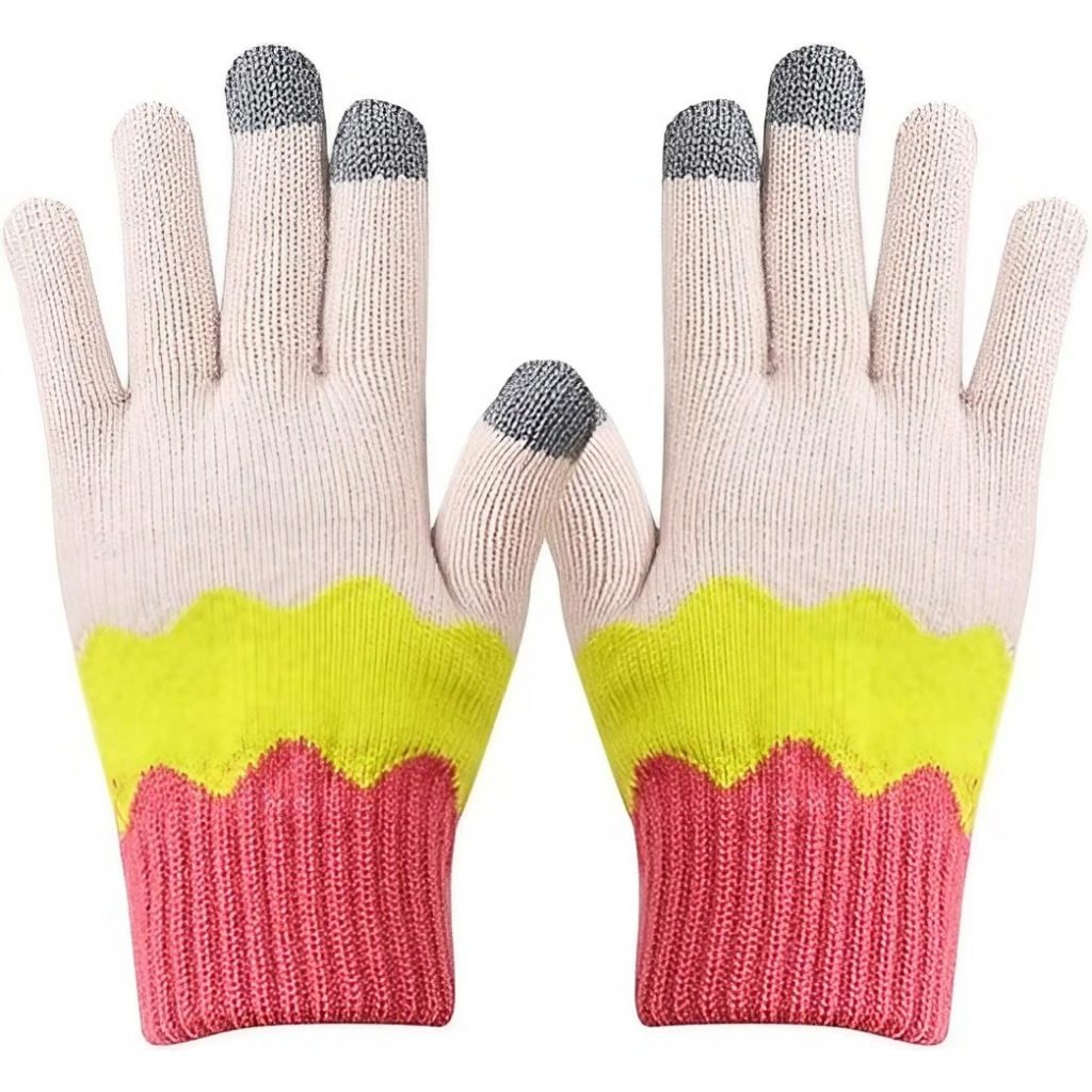 Manusi de Dama, Flippy, Model Ondulat, Functie Touchscreen (ecran tactil), Material Acril Tricotat, Manseta Elastica, Interior Catifelat, Marime Universala, Galben/Roz