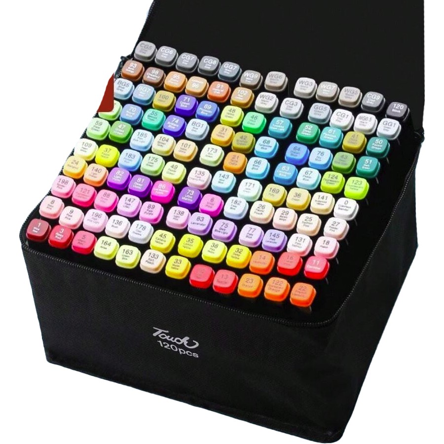 Markere cu Alcool Touch Room, Flippy, Paleta mare Set de 120+ de Culori, Capat Lat si Capat Precis, Geanta Inclusa, Multicolor