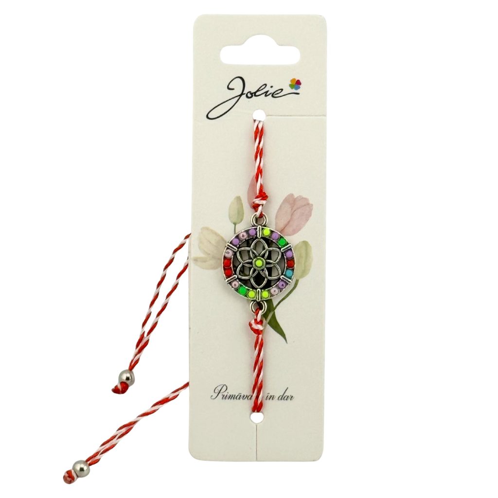 Martisor Bratara Snur Alb-Rosu, Jolie, Pandantiv Metalic, Model Floare Colorata