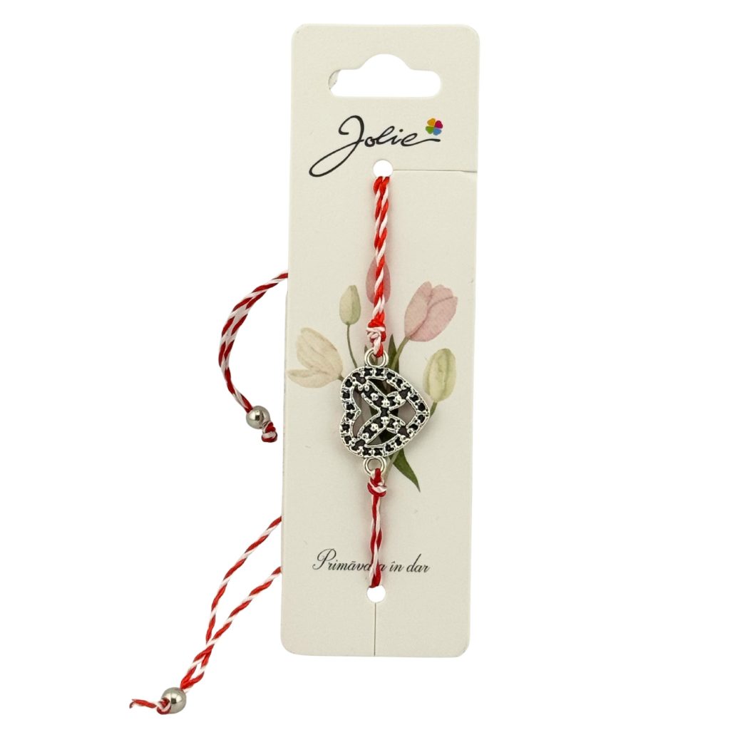 Martisor Bratara Snur Alb-Rosu, Jolie, Pandantiv Metalic, Model Inima cu Fluturas in interior