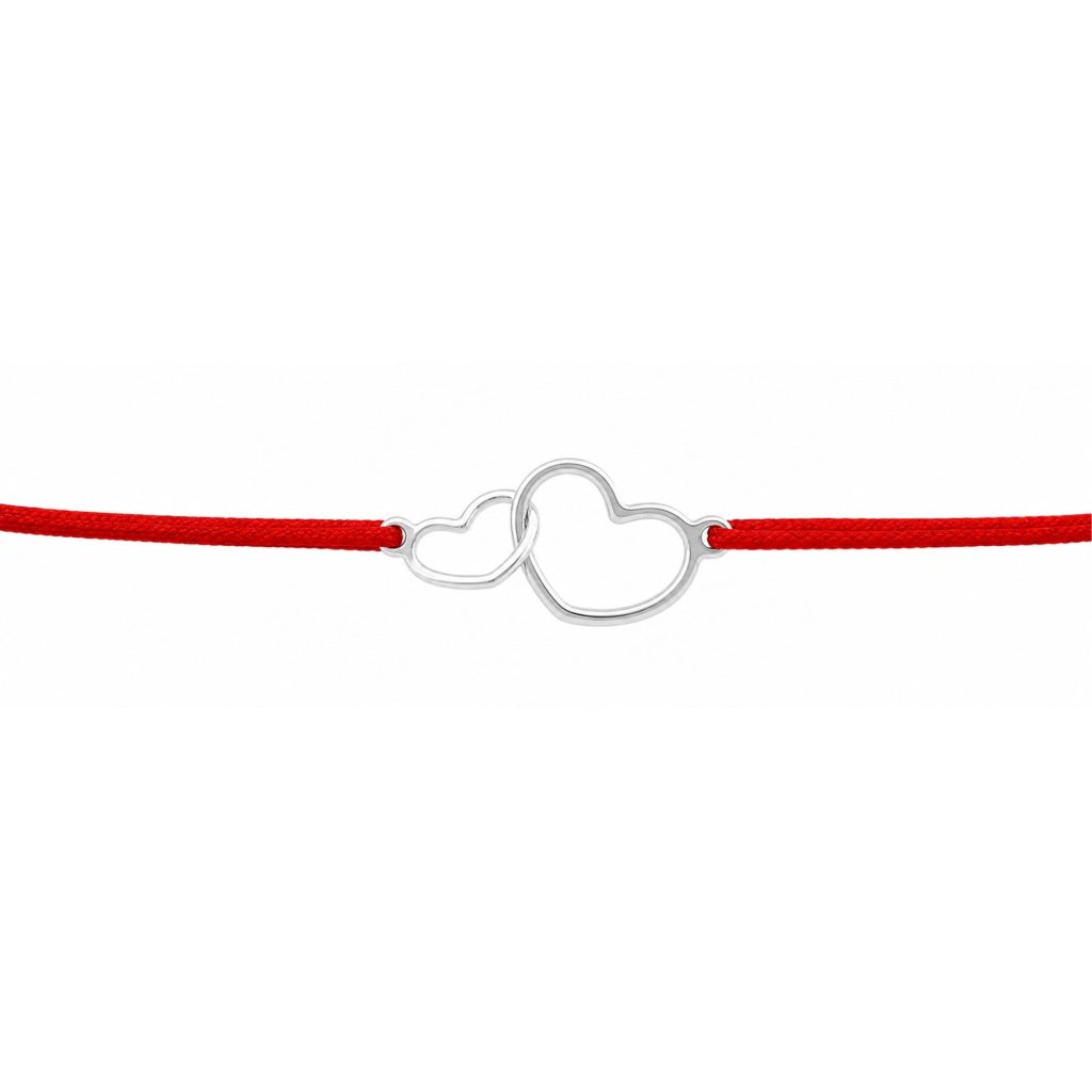 Martisor Bratara Argint 925, Jolie, Model 2 Inimi Pereche, Martisor de 1 Martie, cu Snur Rosu, Argintiu