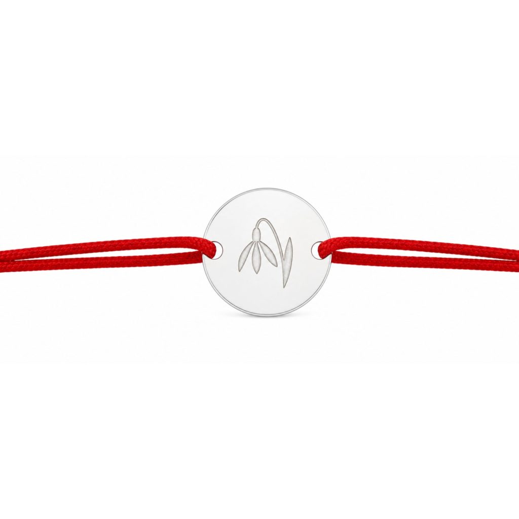 Martisor Bratara Argint 925, Jolie, Model Ghiocel Gravat, Martisor de 1 Martie, cu Snur Rosu, Argintiu