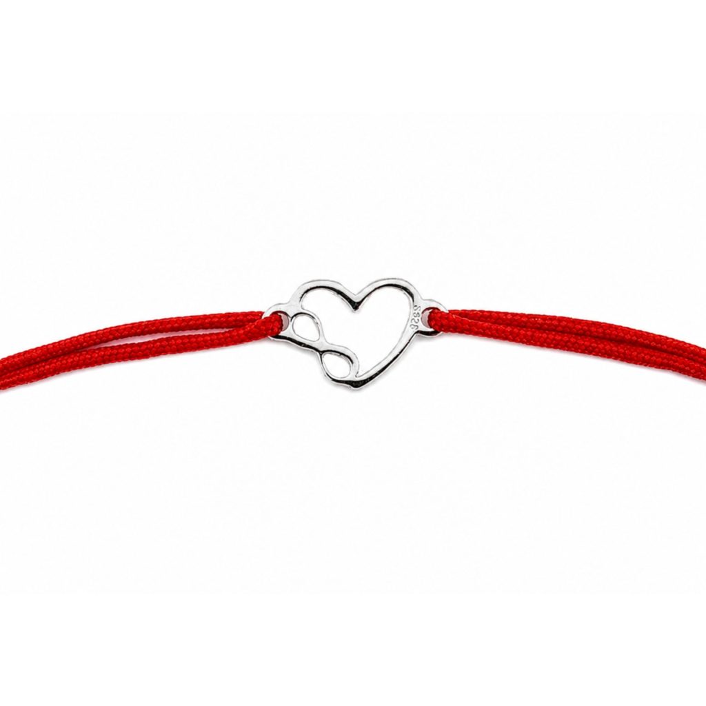 Martisor Bratara Argint 925, Jolie, Model Inima cu infinit, Martisor de 1 Martie, cu Snur Rosu, Argintiu