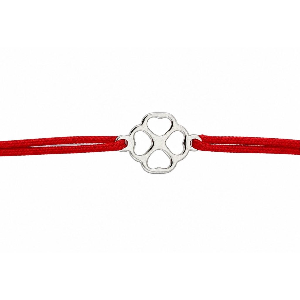 Martisor Bratara Argint 925, Jolie, Model Inimioare in Trifoi, Martisor de 1 Martie, cu Snur Rosu, Argintiu