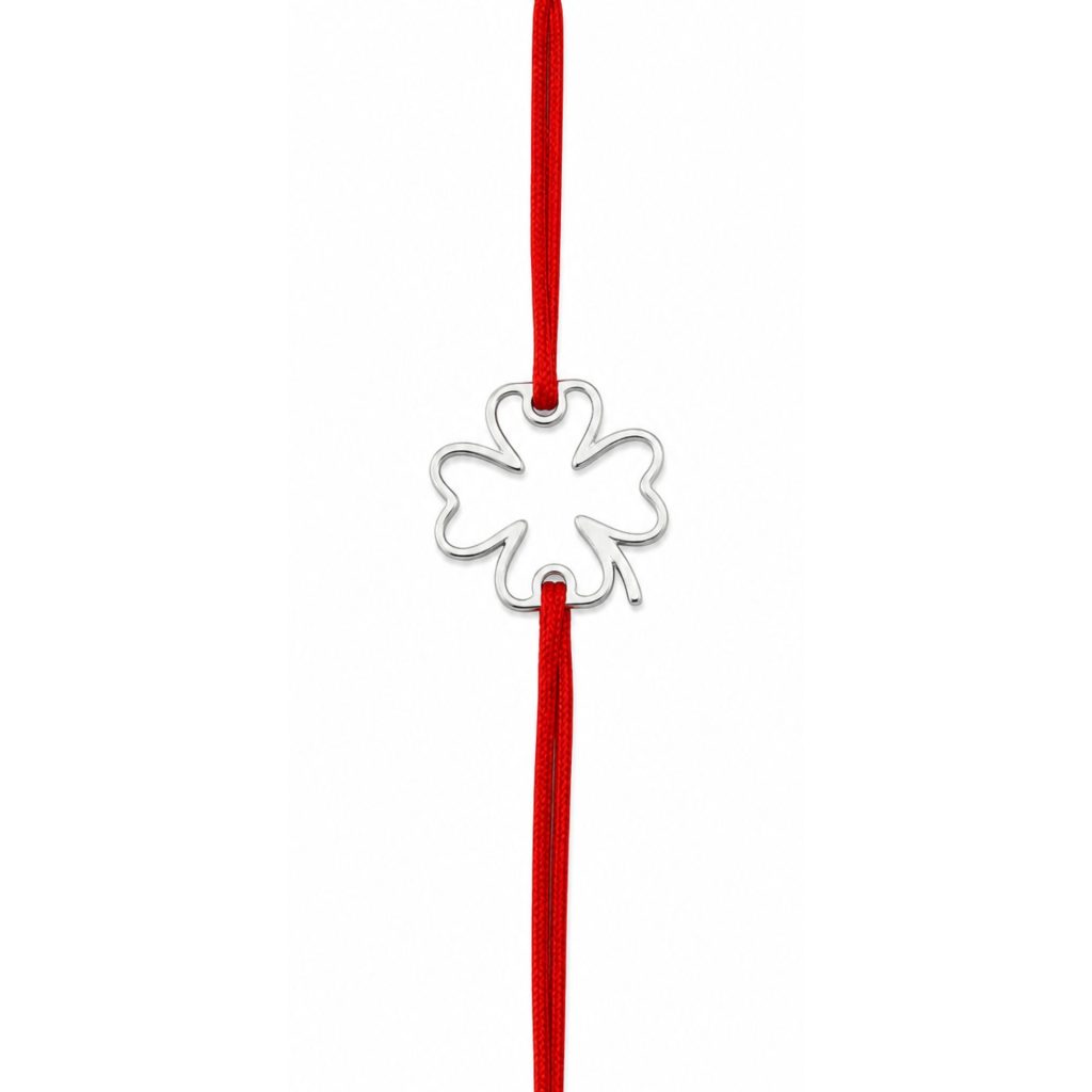 Martisor Bratara Argint 925, Jolie, Model Trifoi, Martisor de 1 Martie, cu Snur Rosu, Argintiu