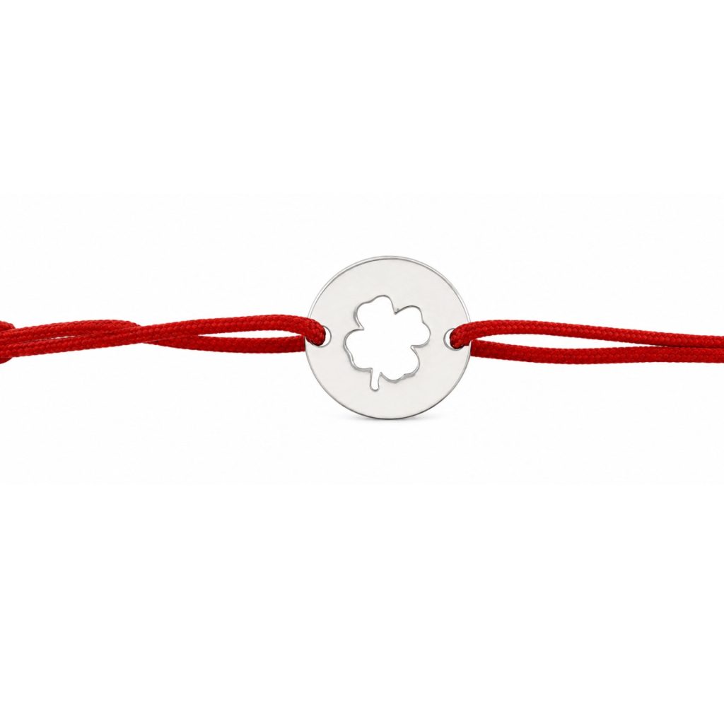 Martisor Bratara Argint 925, Jolie, Model Trifoi Taiat, Martisor de 1 Martie, cu Snur Rosu, Argintiu