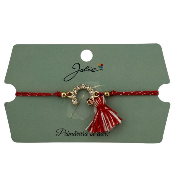 Martisor Bratara Ciucure, Jolie, Snur Rosu Reglabil, cu Pandantiv, Model Potcoava Buburuza