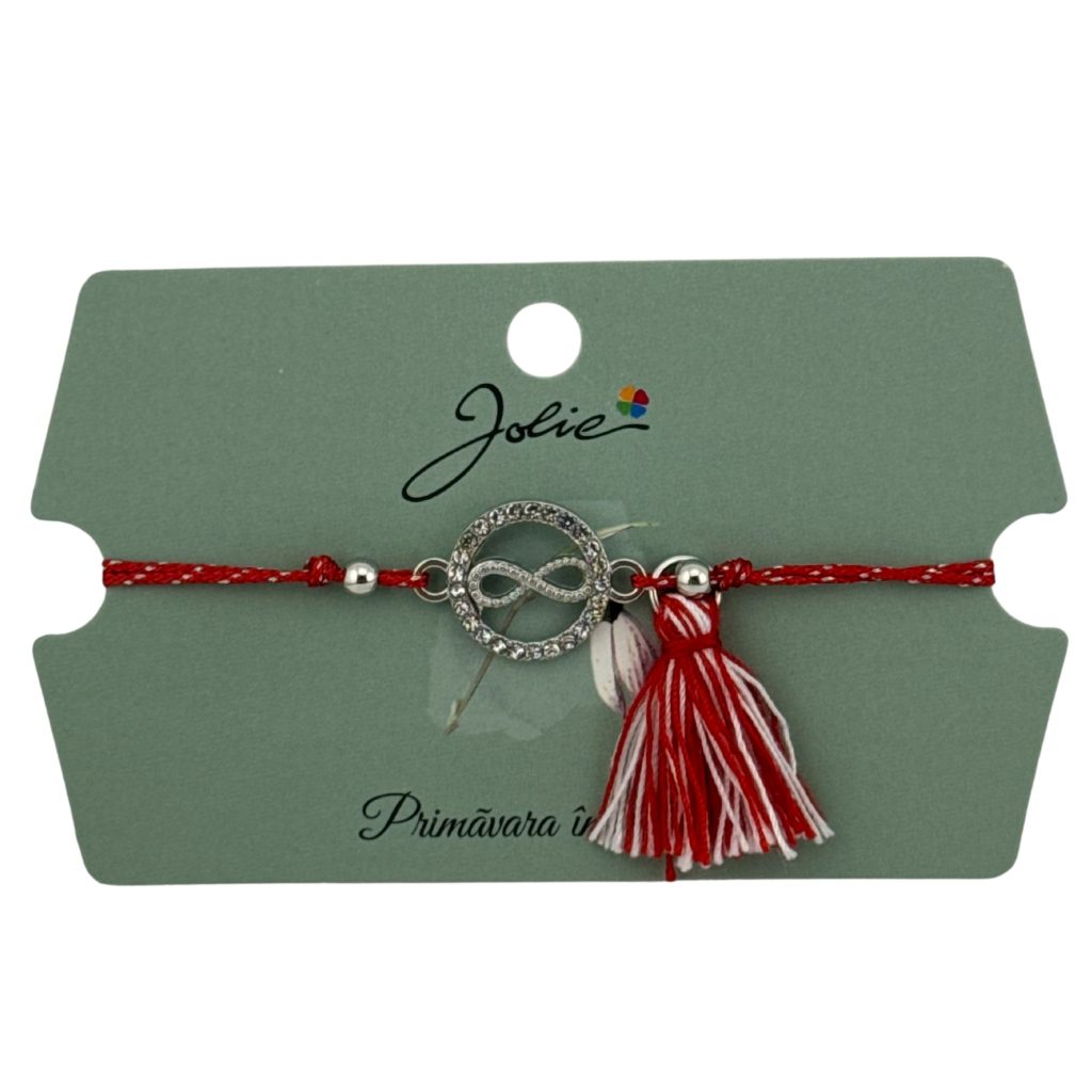 Martisor Bratara Ciucure, Jolie, Snur Rosu Reglabil, cu Pandantiv, Model Cerc Infinit