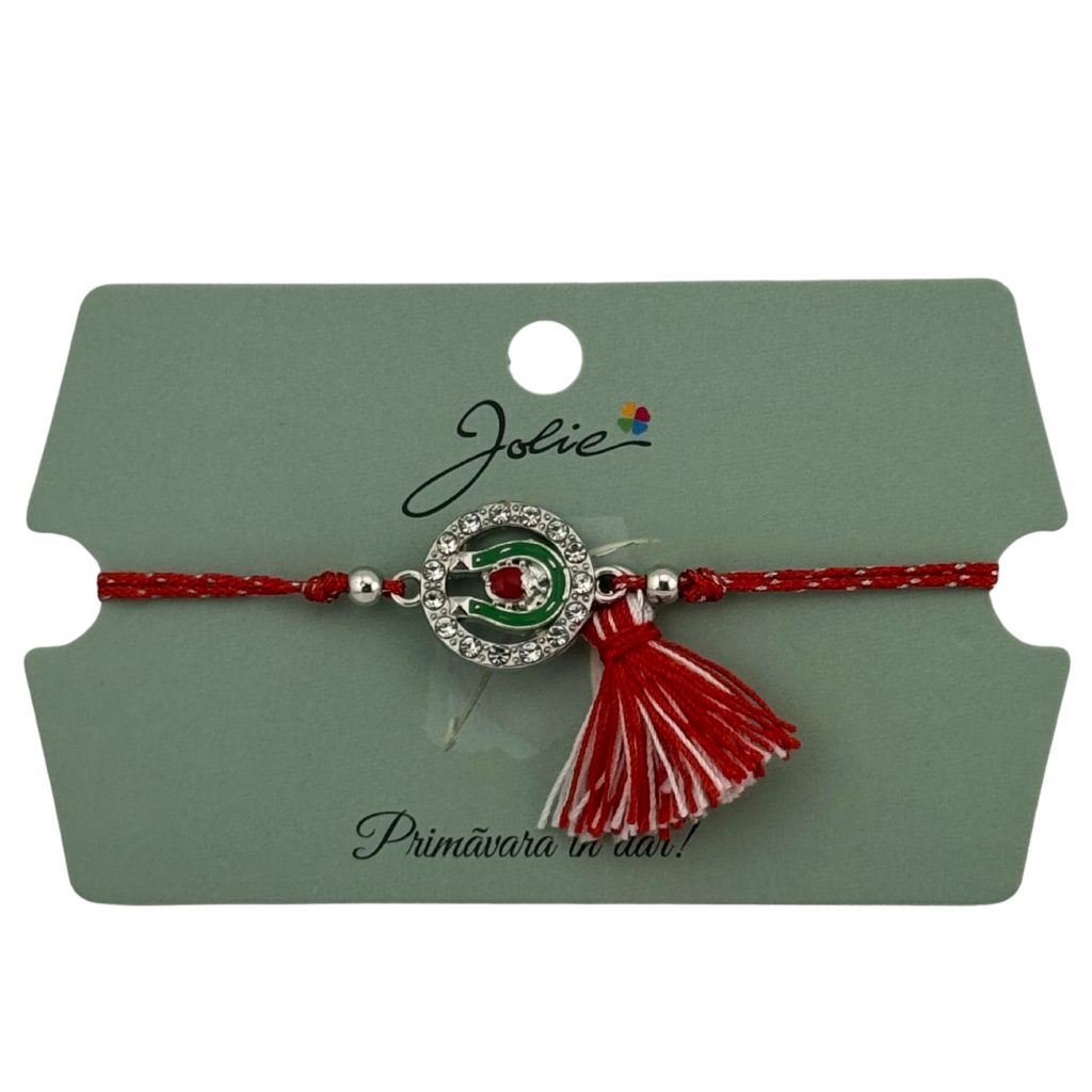 Martisor Bratara Ciucure, Jolie, Snur Rosu Reglabil, cu Pandantiv, Model Cerc Potcoava Buburuza