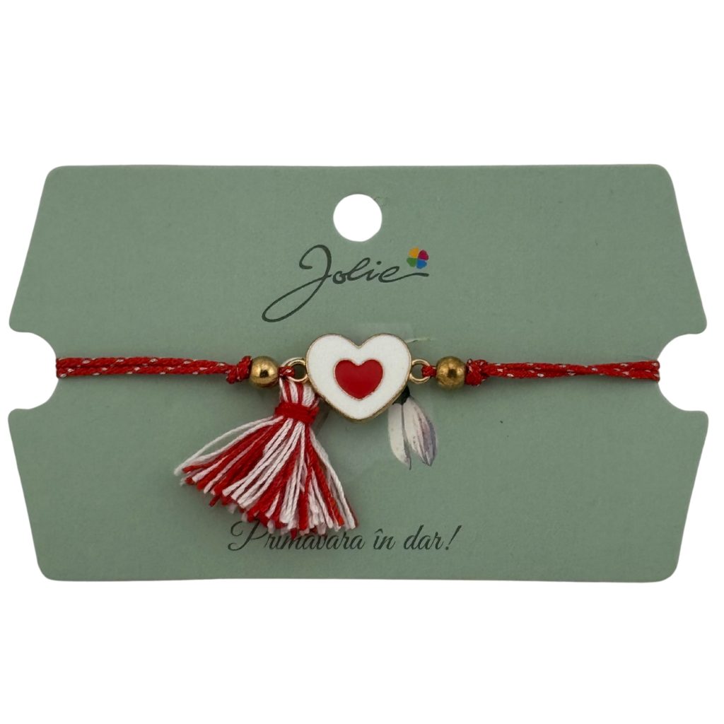 Martisor Bratara Ciucure, Jolie, Snur Rosu Reglabil, cu Pandantiv, Model Inima
