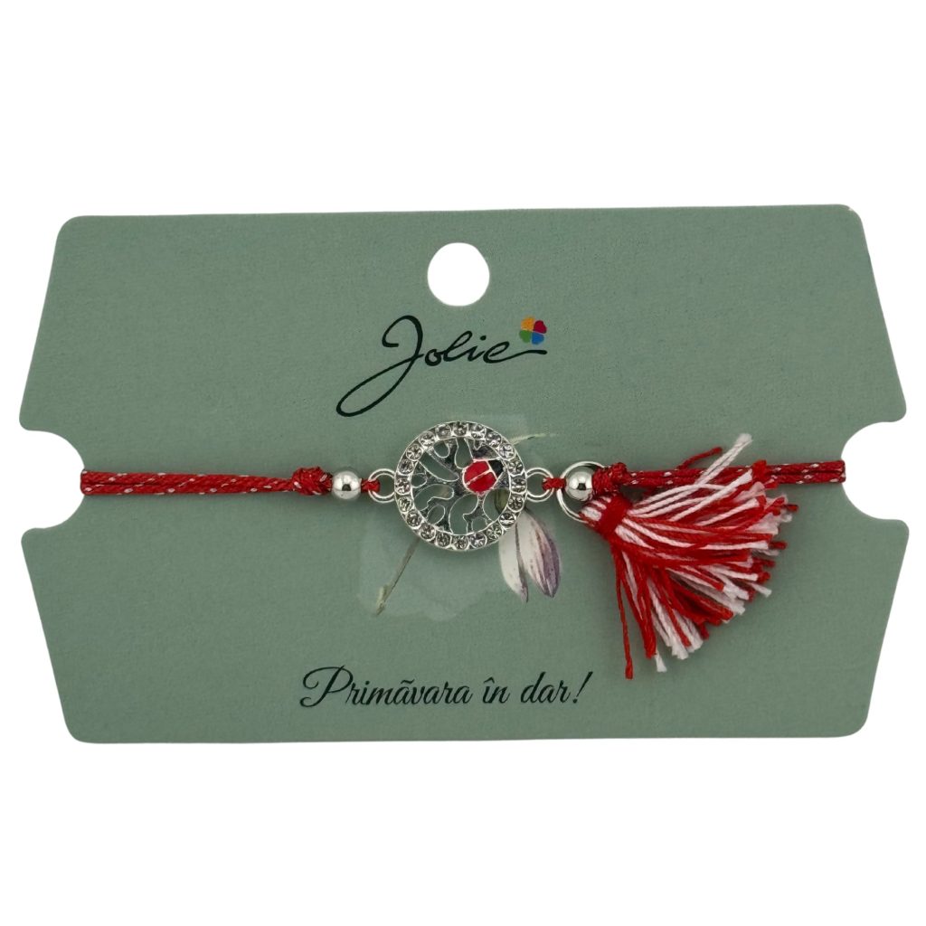 Martisor Bratara Ciucure, Jolie, Snur Rosu Reglabil, Model Buburuza, Argintie