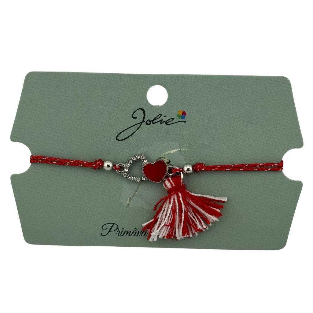 Martisor Bratara Ciucure, Jolie, Snur Rosu Reglabil, Model Doua Inimi, Argintiu-Rosu