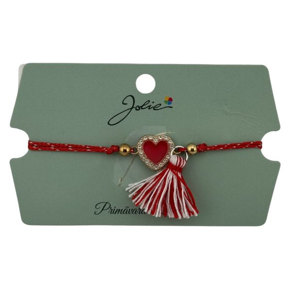 Martisor Bratara Ciucure, Jolie, Snur Rosu Reglabil, Model Inima Rosie
