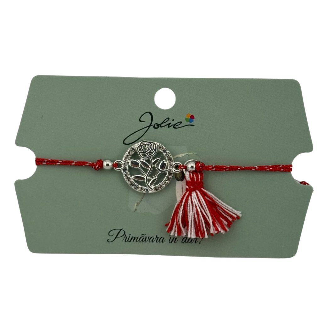Martisor Bratara Ciucure, Jolie, Snur Rosu Reglabil, Model Trandafir, Argintie