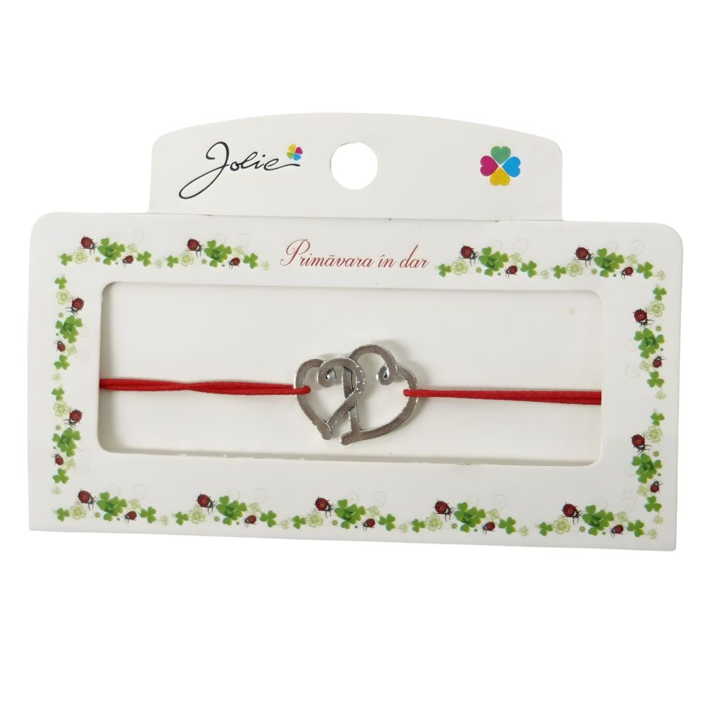 Martisor Bratara cu 2 Noduri, Jolie, Snur Rosu, Model Inimioare, Elastica, Dimensiune Reglabila, Ambalata Individual, Rosu/Argintiu