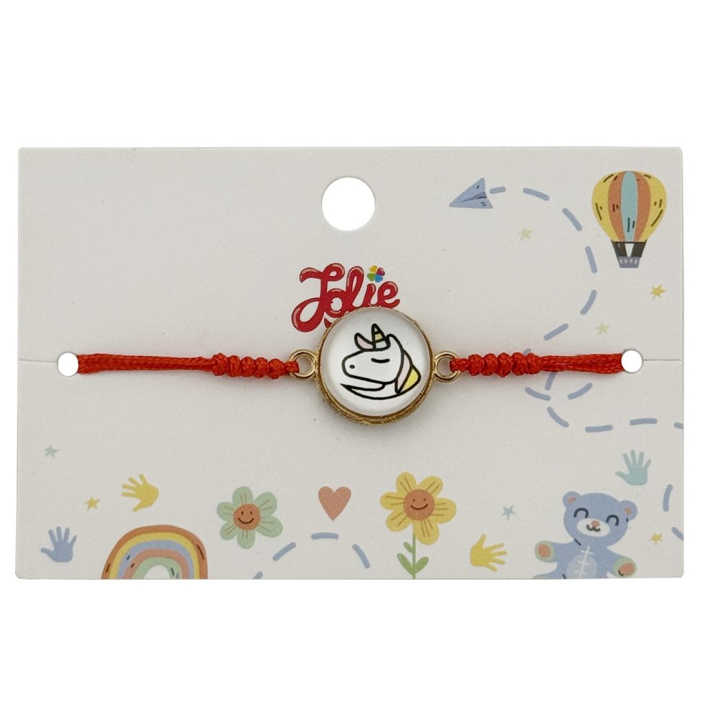 Martisor Bratara pentru Copii, Jolie, Model Unicorn, din Metal Auriu cu Snur Impletit Rosu, Alb/Galben