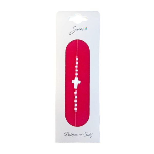 Martisor Bratara cu Sidef, Jolie, Model Cruce, cu Snur Rosu, Margele Alb/Rosu, Ambalaj de Carton