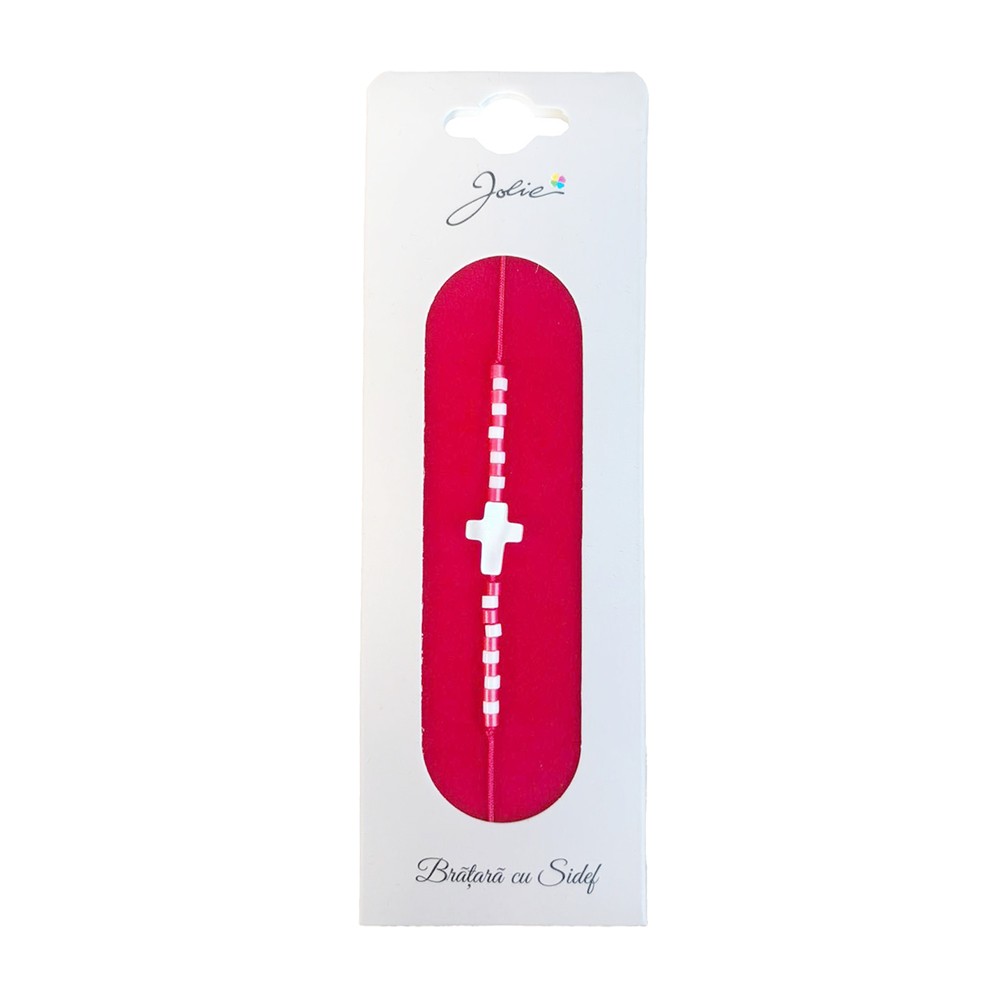 Martisor Bratara cu Sidef, Jolie, Model Cruce, cu Snur Rosu, Margele Alb/Rosu, Ambalaj de Carton
