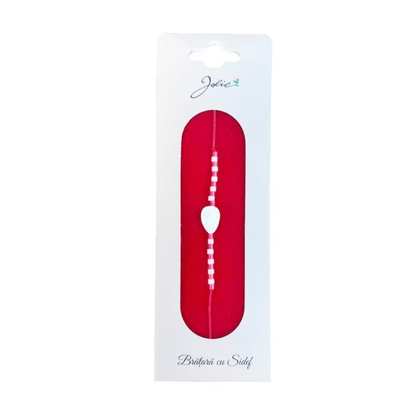 Martisor Bratara cu Sidef, Jolie, Model Frunza, cu Snur Rosu, Margele Alb/Rosu, Ambalaj de Carton