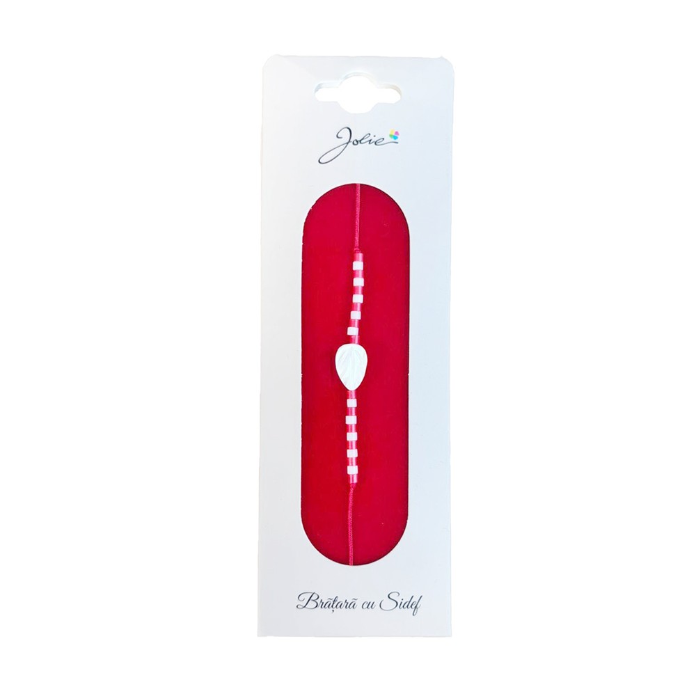Martisor Bratara cu Sidef, Jolie, Model Frunza, cu Snur Rosu, Margele Alb/Rosu, Ambalaj de Carton