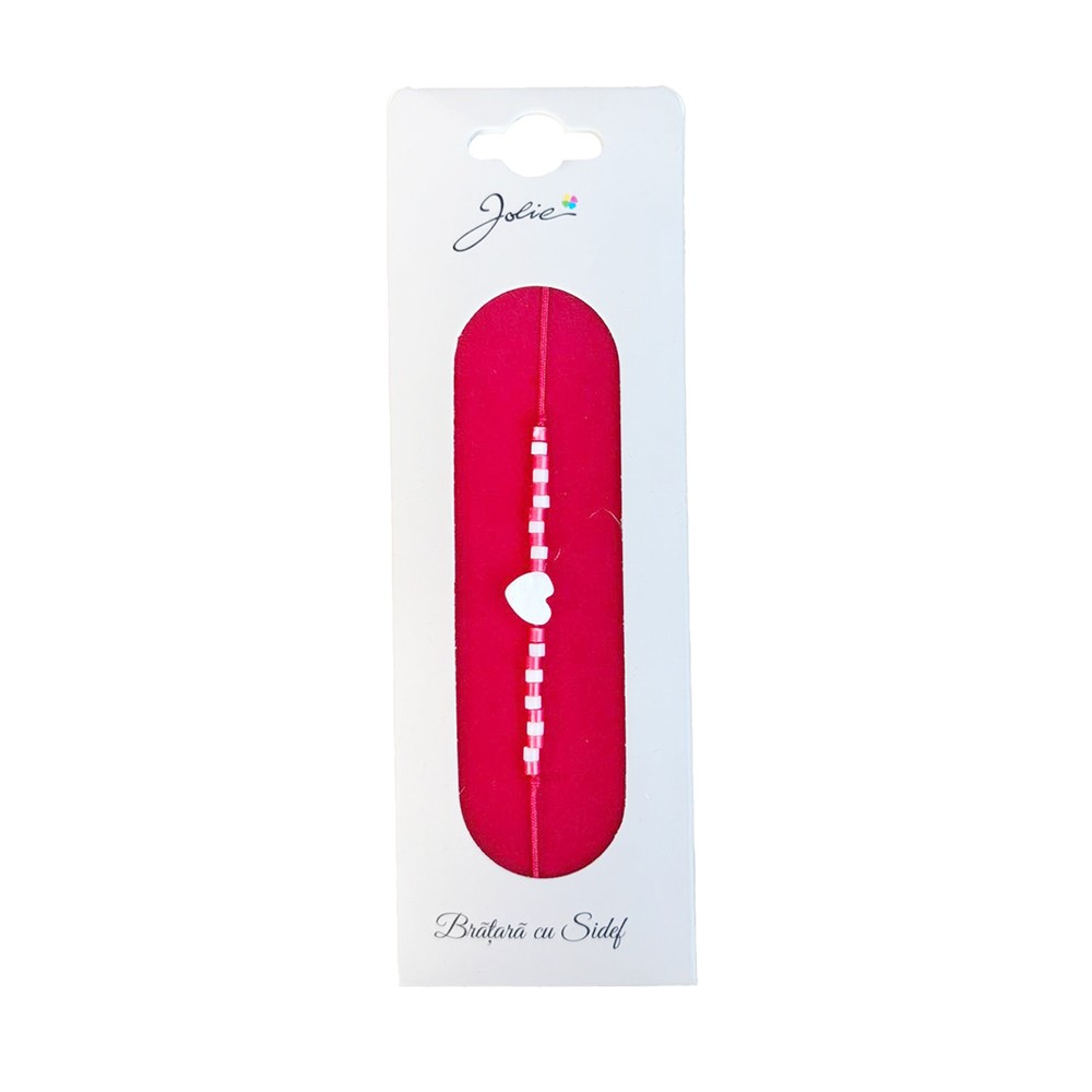 Martisor Bratara cu Sidef, Jolie, Model Inima, cu Snur Rosu, Margele Alb/Rosu, Ambalaj de Carton