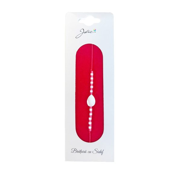 Martisor Bratara cu Sidef, Jolie, Model Petala, cu Snur Rosu, Margele Alb/Rosu, Ambalaj de Carton