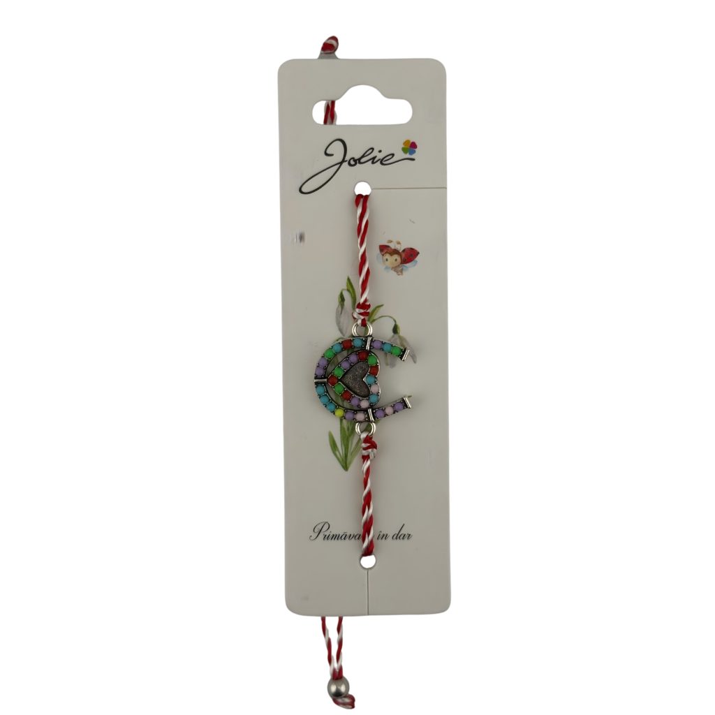 Martisor Bratara cu Snur Alb Rosu Reglabil, Jolie, Model Potcoava Multicolora cu Inimioara, Jolie