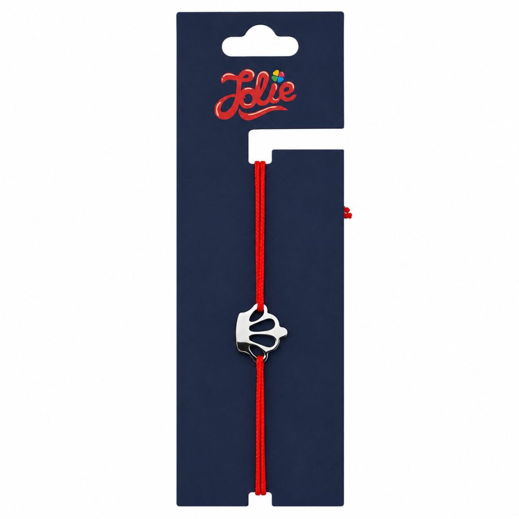 Martisor Bratara din Inox pentru Copii, Jolie, Textil si Inox, Snur Rosu, Model Coroana, Argintiu
