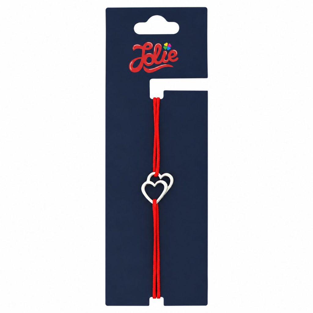 Martisor Bratara din Inox pentru Copii, Jolie, Textil si Inox, Snur Rosu, Model Inimi, Argintiu