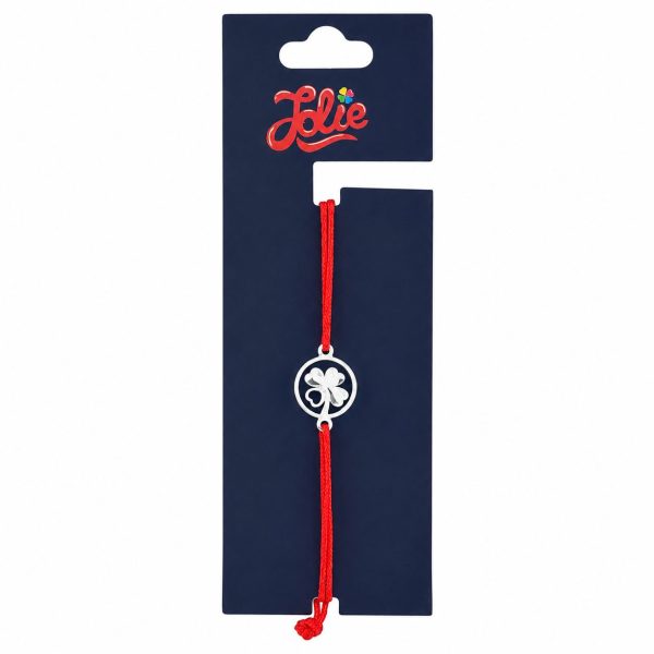 Martisor Bratara din Inox pentru Copii, Jolie, Textil si Inox, Snur Rosu, Model Trifoi Norocos, Argintiu