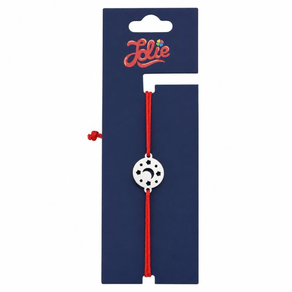 Martisor Bratara Inox pentru Copii, Jolie, Model Luna cu Stele, din Inox si Metal Inox, Snur Rosu, Argintiu