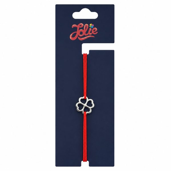 Martisor Bratara Inox pentru Copii, Jolie, Model Trifoi, din Inox si Metal Inox, Snur Rosu, Argintiu