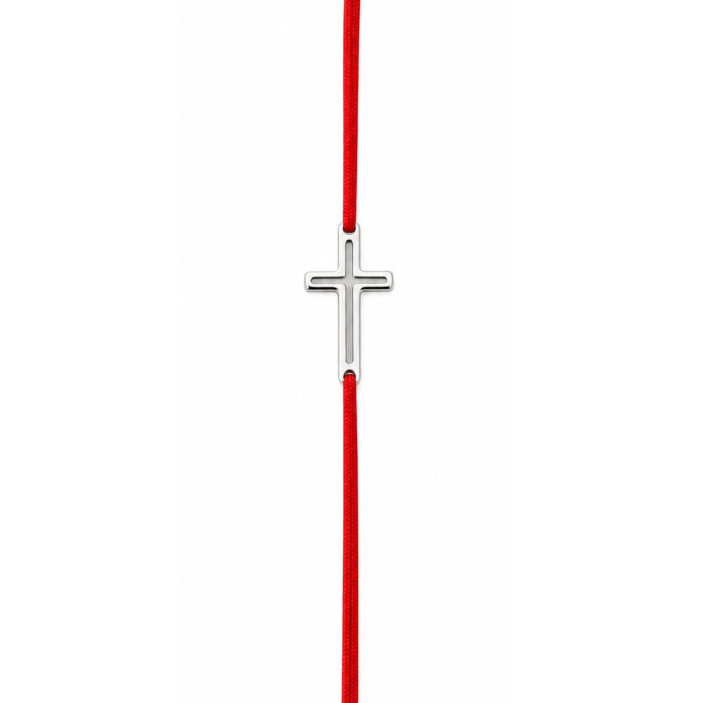 Martisor Bratara, Jolie, Argint 925, Model Cruce, Snur Rosu Reglabil, Fara Pietre, Argintiu