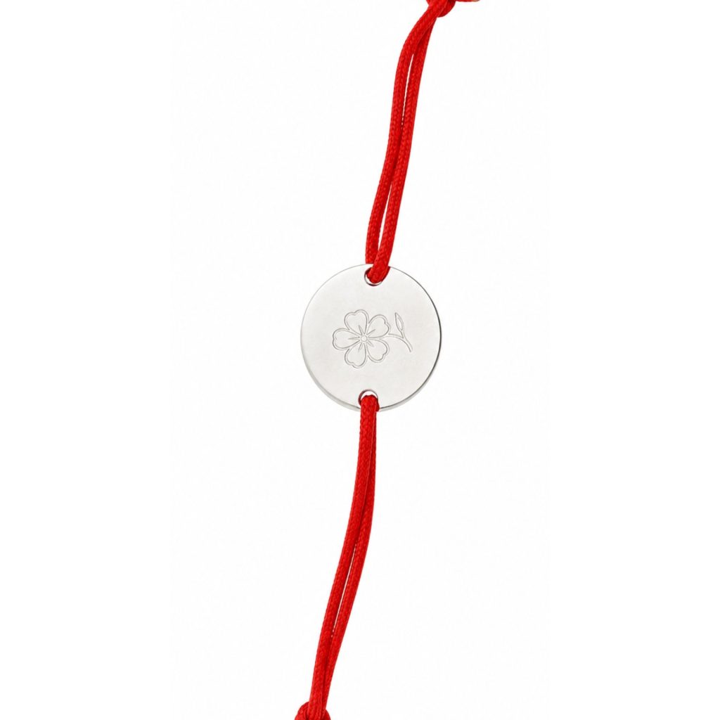 Martisor Bratara, Jolie, Argint 925, Model Trifoi Gravat, Snur Rosu Reglabil, Fara Pietre, Argintiu