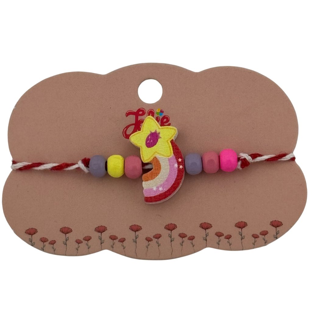 Martisor Bratara Multicolora pentru Copii, Jolie, din Lemn si Textil, Model Steluta Curcubeu