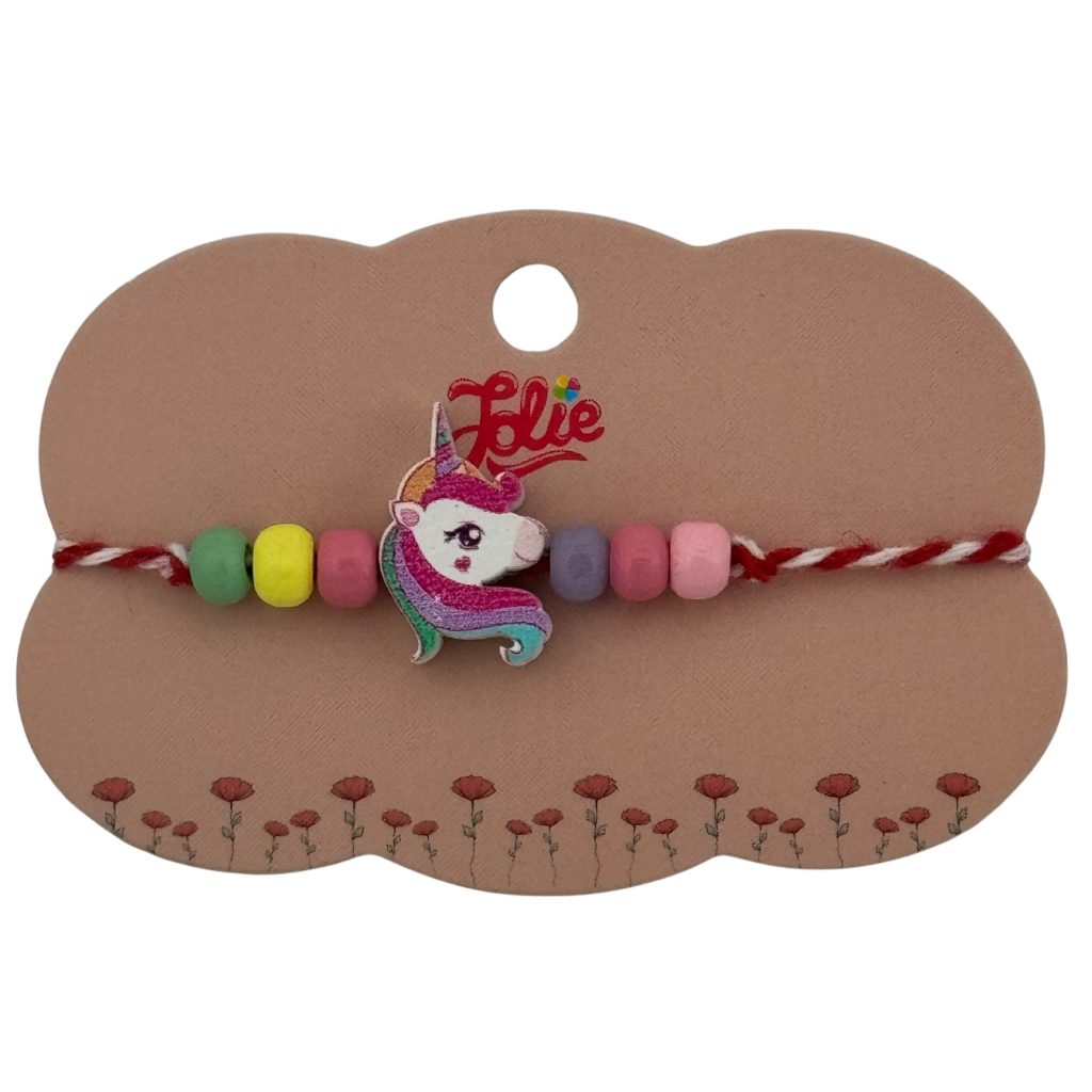 Martisor Bratara Multicolora pentru Copii, Jolie, din Lemn si Textil, Model Cap de Unicorn