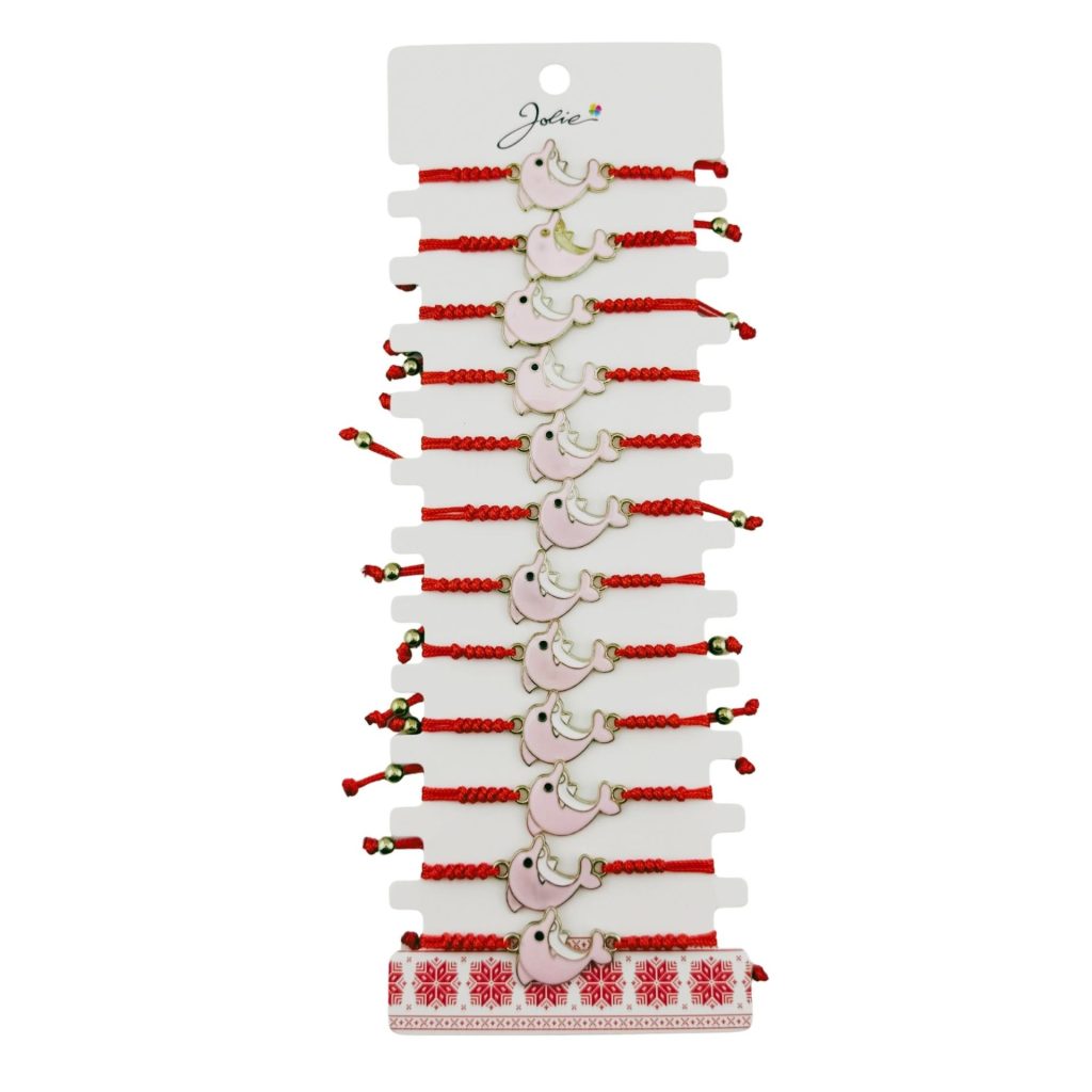 Martisor Bratara pentru Dama si Copii, Jolie, Model Delfin Jucaus, Set 12 bucati, Pandantiv Emailat cu Detalii Aurii, Snur Reglabil, Rosu/Roz