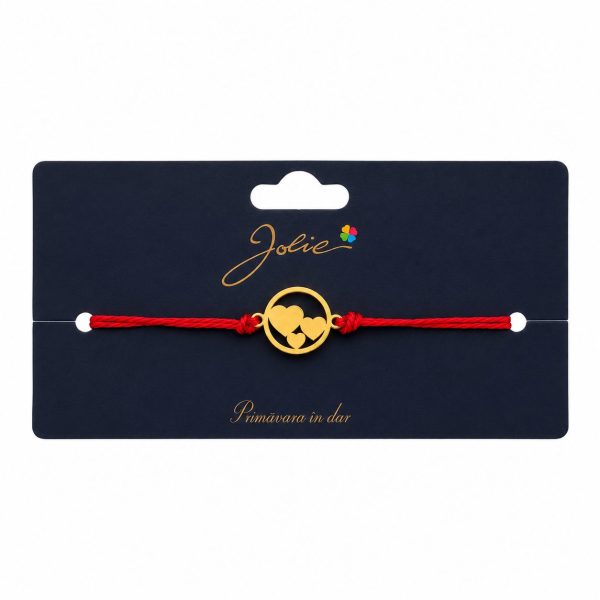 Mărțișor Brățară pentru Primăvară, Jolie, Șnur Roșu Textil și Element din Inox, Model Trei Inimi, Reglabilă, Simbol al Iubirii și Afecțiunii, Auriu