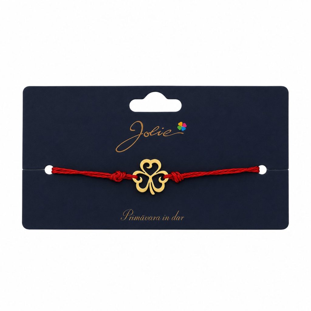 Martisor Bratara Primavara, Textil si Inox, Jolie, Snur Rosu, Model Trifoi, Auriu