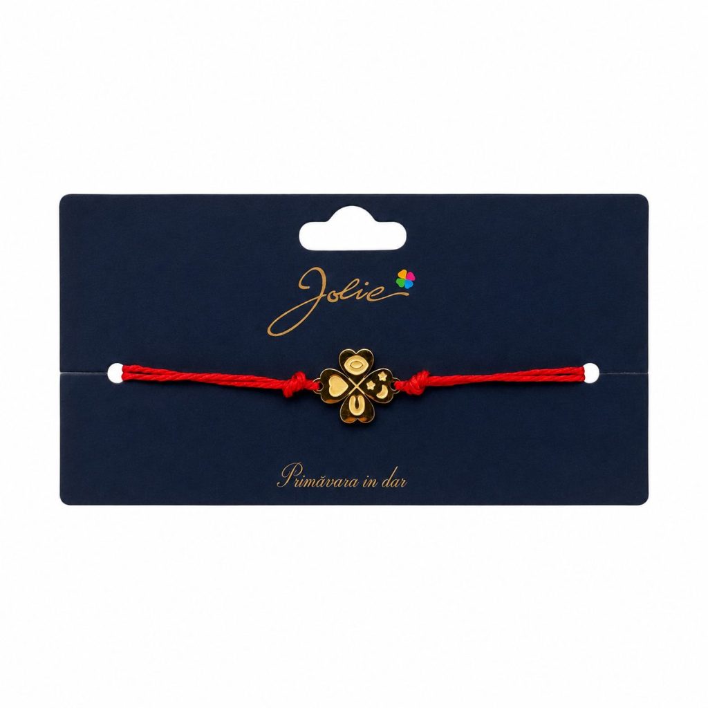 Martisor Bratara Primavara, Textil si Inox, Jolie, Snur Rosu, Model Trifoi cu Patru Foi, Auriu