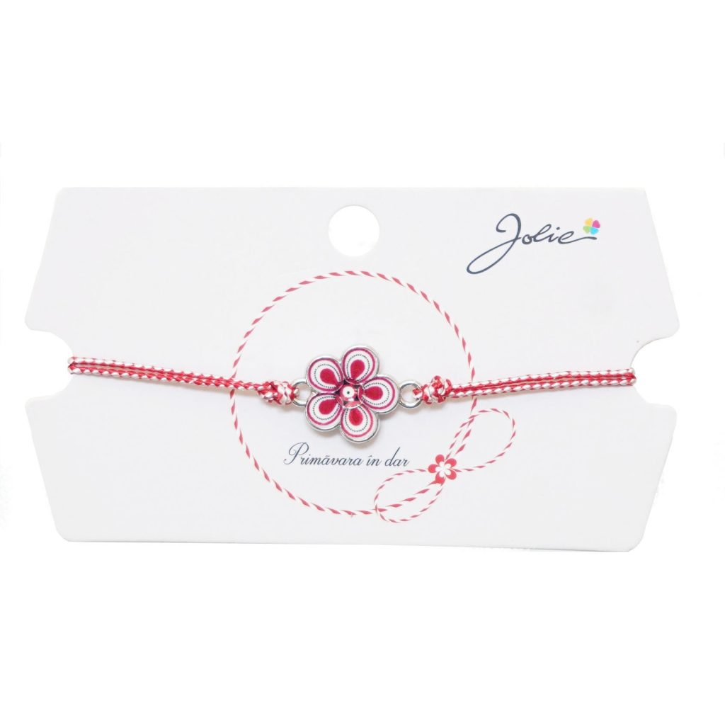 Martisor tip Bratara Traditionala cu Pandantiv, Jolie, Model Floare, Snur Impletit Alb/Rosu, Dimensiune Pandativ Aprox 2 cm, Ambalaj cu Design
