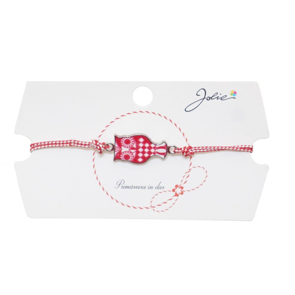 Martisor tip Bratara Traditionala cu Pandantiv, Jolie, Model Bufnita, Snur Impletit Alb/Rosu, Dimensiune Pandativ Aprox 2 cm, Ambalaj cu Design