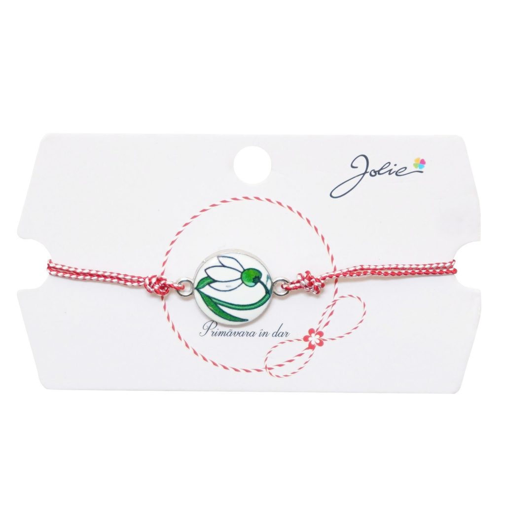 Martisor tip Bratara Traditionala cu Pandantiv, Jolie, Model Ghiocel, Snur Impletit Alb/Rosu, Dimensiune Pandativ Aprox 2 cm, Ambalaj cu Design
