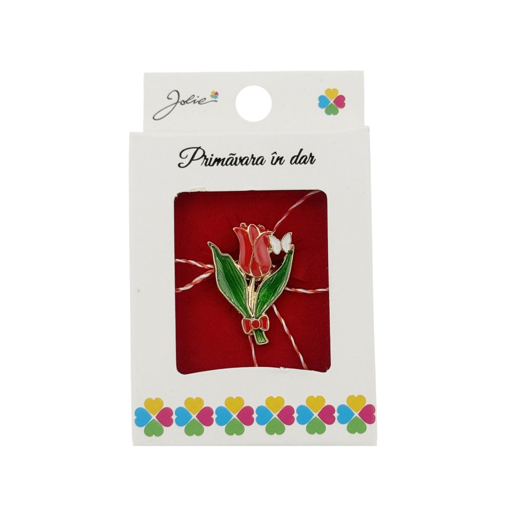 Martisor Brosa, Jolie, Model Lalea, Metal Emailat in Culori, Sistem de Prindere cu Ac, Dimensiune 2.5–3 cm, Ambalaj Individual cu Design, Multicolor