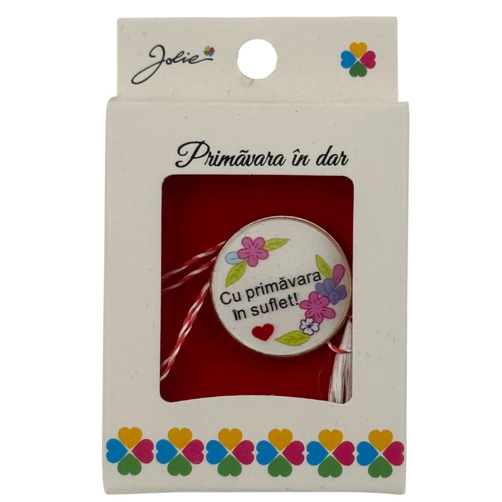 Martisor Brosa Mica in Cutie, Jolie, Design cu Mesaj, Dimensiune 2.5-3 cm, Material Metal, Model Rotund Flori