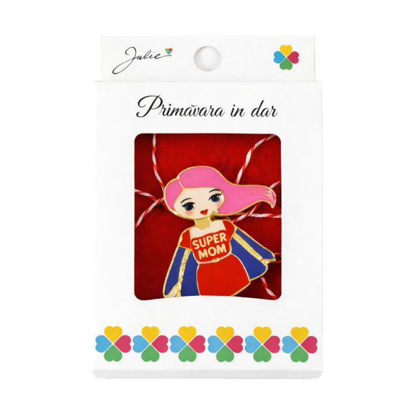 Martisor Brosa Mica in Cutie, Jolie, Dimensiune Brosa 2,5-3 cm, Material Metal, Model Super Mama, Multicolor