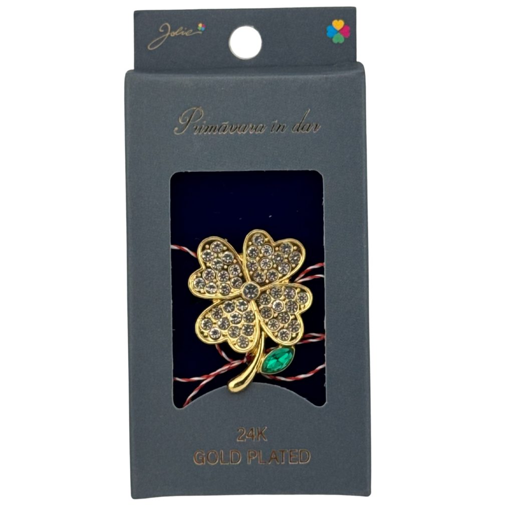 Martisor Brosa Placata cu Aur 24K, Jolie, Dimensiune Brosa 2-3 cm, Model Trifoi cu Patru Foi, Auriu