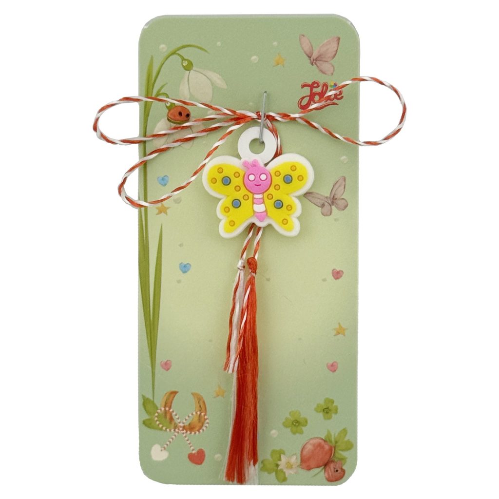 Martisor pentru Copii, Jolie, Model FLUTURE, din Cauciuc, cu Snur Impletit Alb/Rosu, Ambalaj Carton cu Design, Alb/Galben
